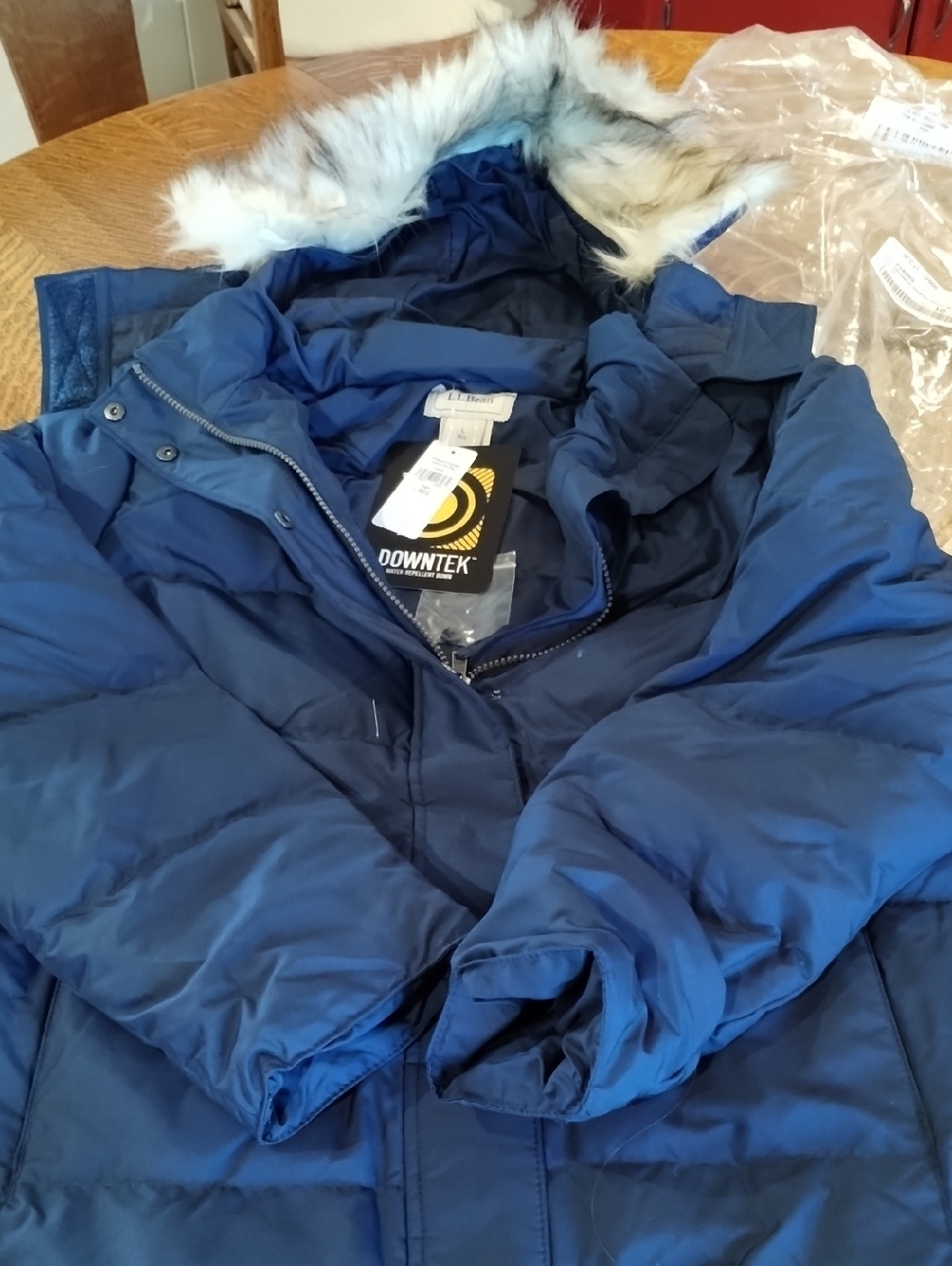L.L. Bean Navy Blue DownTek Puffer Jacket with Faux Fur Trim